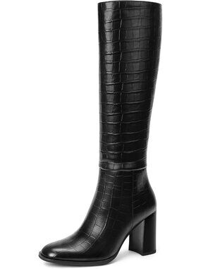 Women's Crocodile Black Knee High Boots Round Toe Chunky Heel Boots Gogo Boots
